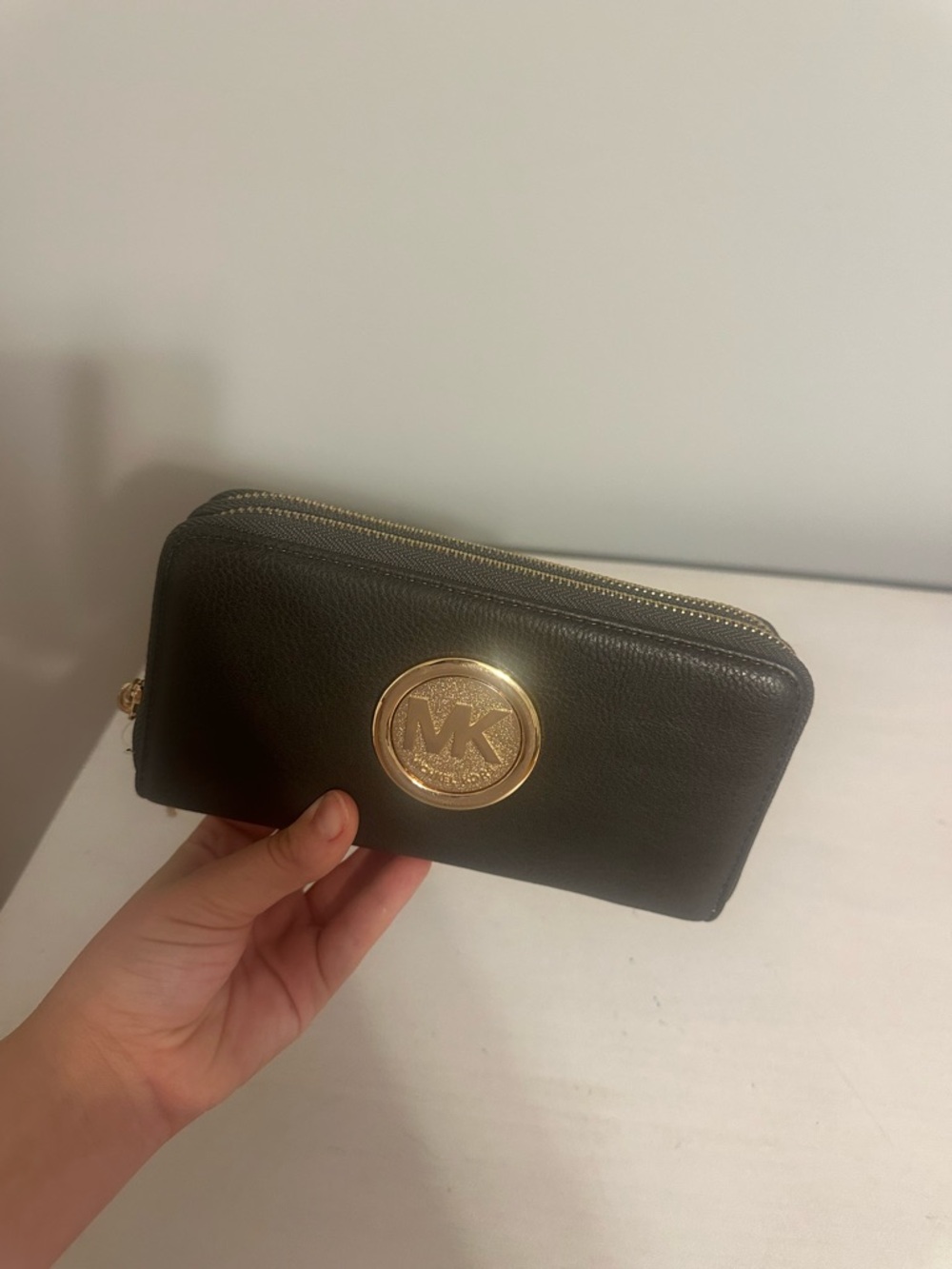 Michael Kors Grey Leather Zip-Around Wallet with Gold MK Emblem